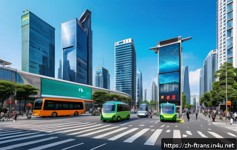 도로 인프라 디지털화 - A bustling modern Chinese city intersection featuring dynamic traffic lights with digital displays, ...