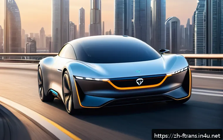 하늘을 나는 자동차 시장 전망 - A futuristic urban scene featuring a sleek electric flying car with high-efficiency motors and long-...