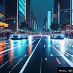 AI 기반 스마트 모빌리티 - A futuristic urban street scene at night showcasing autonomous electric vehicles equipped with advan...