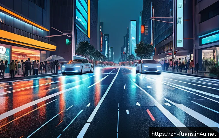 AI 기반 스마트 모빌리티 - A futuristic urban street scene at night showcasing autonomous electric vehicles equipped with advan...