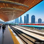 고속철도 투자 - A bustling modern high-speed railway station in the Yangtze River Delta region, surrounded by newly ...