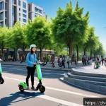 모빌리티 서비스 혁신 - A bustling modern Chinese city street scene featuring a diverse group of people using smart shared e...