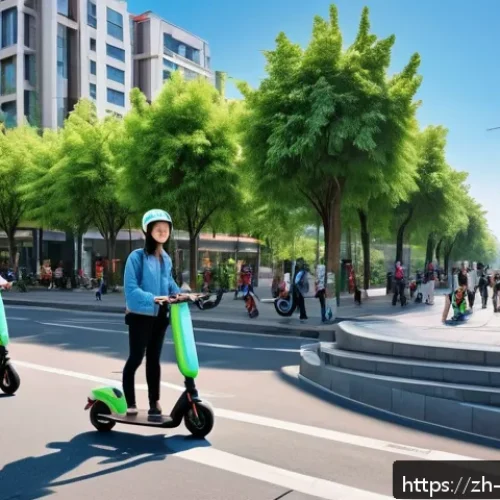 모빌리티 서비스 혁신 - A bustling modern Chinese city street scene featuring a diverse group of people using smart shared e...