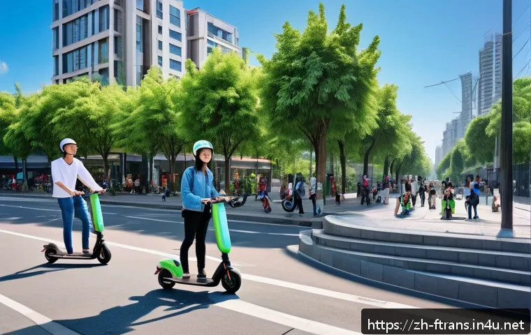 모빌리티 서비스 혁신 - A bustling modern Chinese city street scene featuring a diverse group of people using smart shared e...