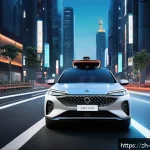 자율주행차 관련 법 - A futuristic autonomous vehicle navigating a complex urban environment during nighttime, equipped wi...