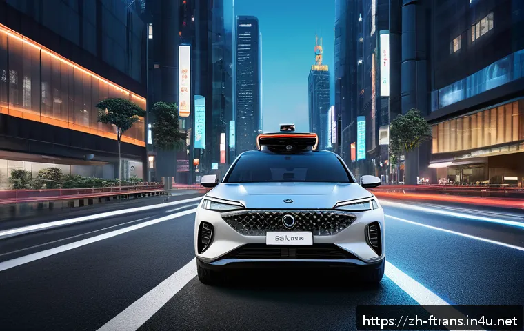 자율주행차 관련 법 - A futuristic autonomous vehicle navigating a complex urban environment during nighttime, equipped wi...