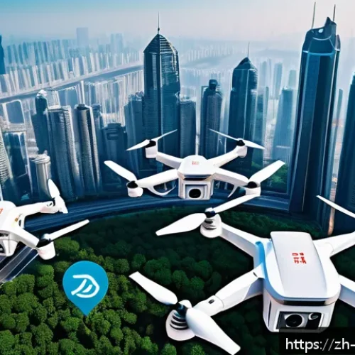 물류 드론 - A futuristic urban scene showcasing multiple drones performing multi-point deliveries over a bustlin...