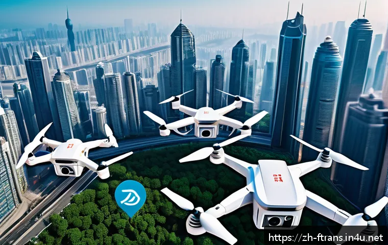 물류 드론 - A futuristic urban scene showcasing multiple drones performing multi-point deliveries over a bustlin...