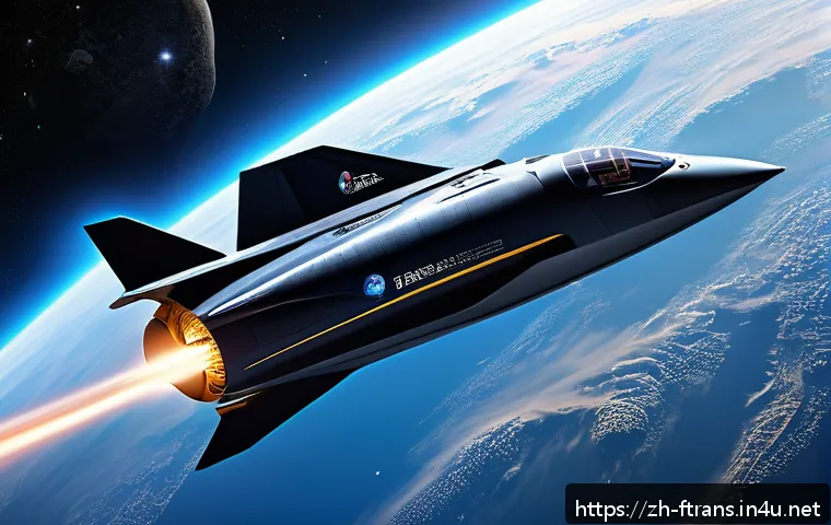 우주 비행기 - A futuristic spacecraft powered by a supersonic plasma engine soaring through deep space, sleek carb...
