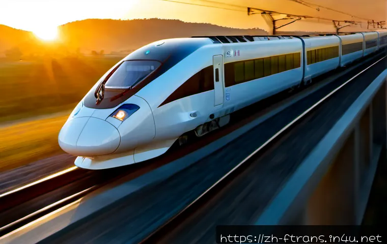 고속철도 효율성 - Photorealistic high-speed electric train gliding smoothly through a modern rail corridor at sunrise,...