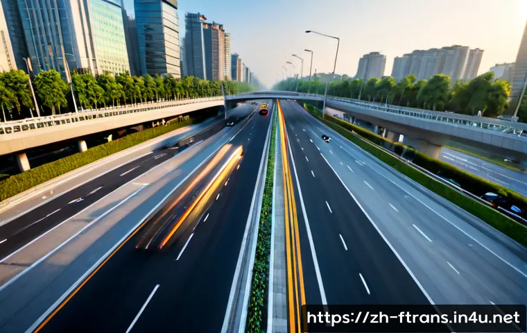 스마트 교차로 - Photorealistic smart intersection in a modern Chinese city at sunrise, wide elevated street-level vi...