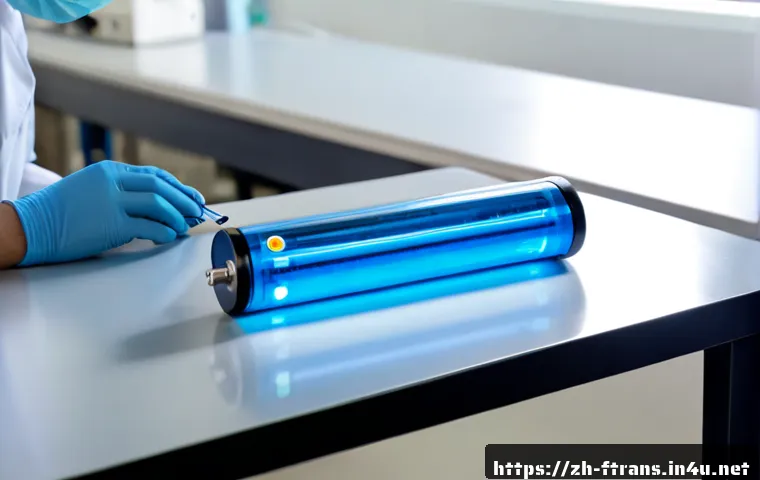 배터리 기술 혁신 - Photorealistic close-up of an advanced solid-state battery cell on a pristine laboratory workbench, ...