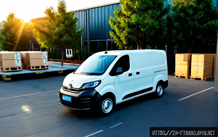 친환경 물류 - Photorealistic electric delivery van charging beside a modern low-rise distribution center, reusable...