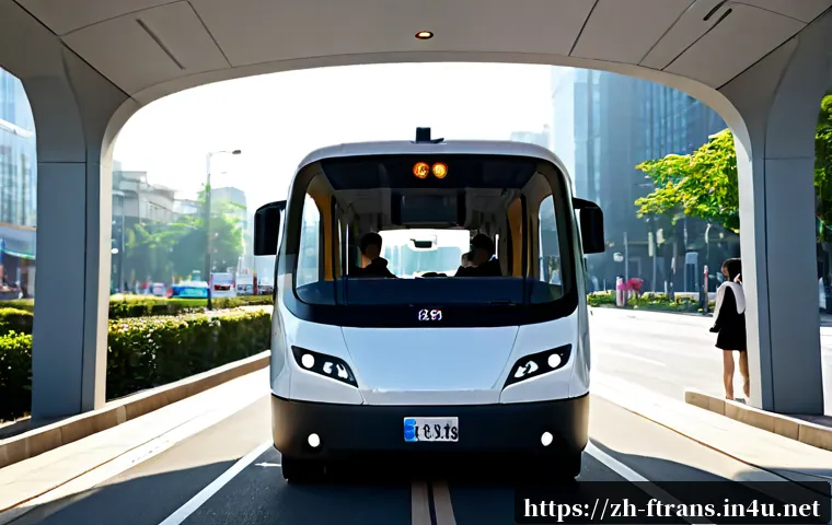 자율주행차 서비스 - Photorealistic autonomous electric shuttle arriving at a clean urban curb, diverse adult passengers ...